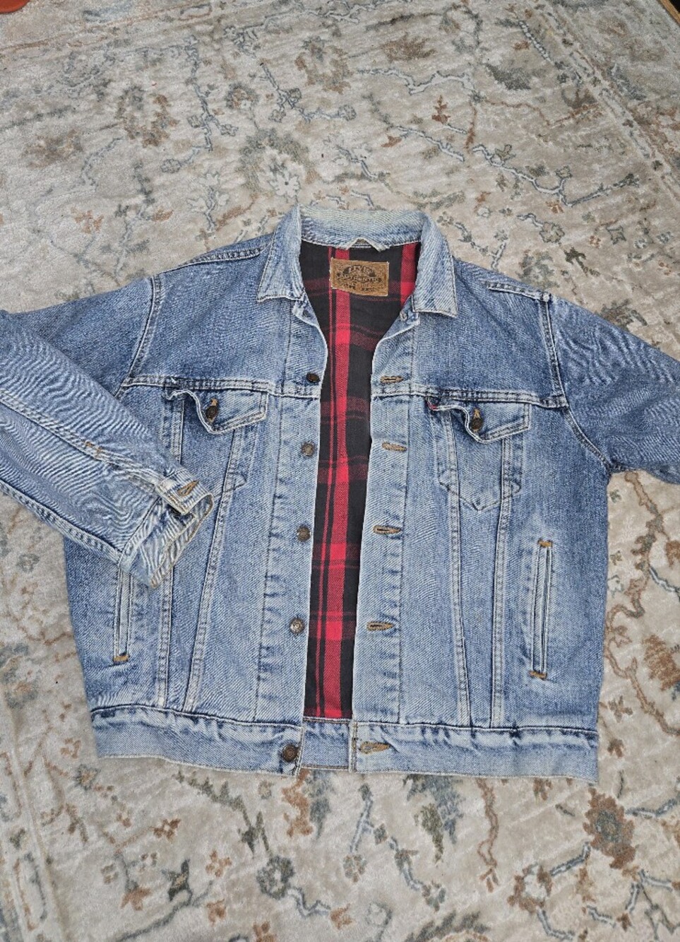 Vintage Blue Denim Jacket with Red Plaid Lining